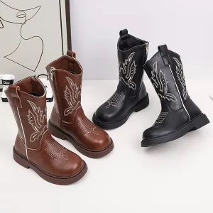Microfiber Leather Boots for Girls Western Style Square Leather Zipper Boots for Girls and Children