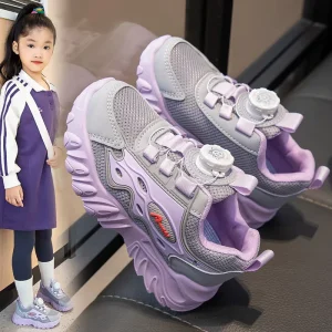 Mixed Color Breathable Mesh Upper Sneakers for Kids Sports Shoes with Rotating Buttons Thick Soles 26 37