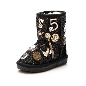 Mommy and Me Fashionable Kids Shiny Ug-gy with Varanca Badge Jimmy Avenue Multisign Lucky Black Snow Sequin Boots