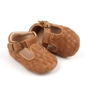Neutral Gender Anti Slip Baby Walker Shoes Faux Buckle Strap T Bar Woven Leather for Winter & Summer Parties