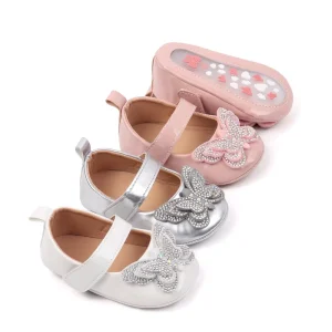 New Arrival Beautiful Bling Bow Design PU Leather Baby Infant Newborn Girl Princess Shoes