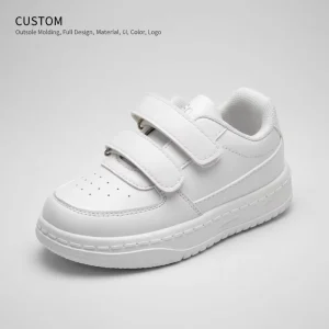 New Arrival Kids White Casual Sneakers with Double Hook and Loop Straps Leather Upper Shoes Factory Direct Customization