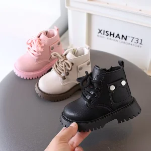 New Arrival Pink Girls Booties Pu Leather Children’s Winter Shoes Fashion Trend Ankle Warm Little Kids Walking Boots