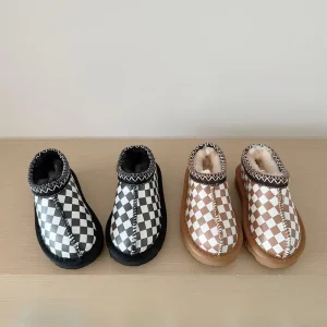 New Arrivals Children’s Leather Warm Thick Short Boots Checkerboard Shoes Snow Boots for Boys Girls