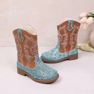 New Arrivals Kids Girls Boots Solid Fashion Shinny Western Pattern Winter Autumn Embroidery PU Boots