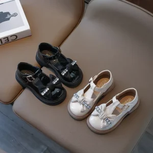 New Boutique Spring Autumn Children Outwear PU Leather Rhinestone Bow Princess Baby Girls Dress Shoes
