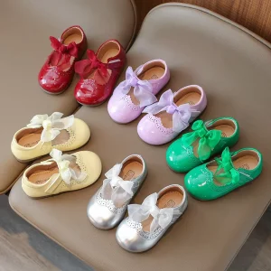 New Boutique Spring Autumn Kids Party PU Shoes Bow Candy Color Lovely Princess Girl Dress Shoes