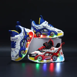 New Boys’ Autumn Running Shoes Leather Surface LED Luminous Cartoon Animation 1-6 Years Old Sports Casual Shoes