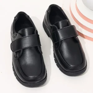 New Boys Black School Shoes Bulk Factory OEM Custom Kids Hook and Loop Leather Dress Shoes