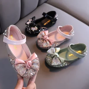 New Children Shoes Rhinestone Bow Princess Girls Party Dance Shoes Baby Student Flats Kids Performance Shoes