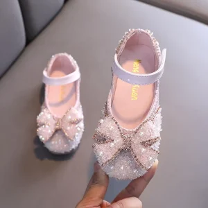 New Children’s Party Wedding Fashion Girls Sequin Lace Bow Kids Shoes Little Girls Dancing Leather Single Shoes