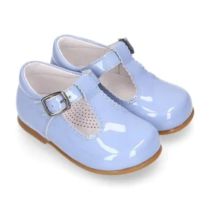 New Collection Wave and Buckle Fastening Patent Leather Little Girls T Strap Dress Shoes
