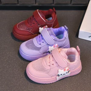 New Comfortable Pink Red Wear-resistant Children’s Fashion Girls Breathable Mesh Sneakers Arch Support Lightweight TPU Outsole