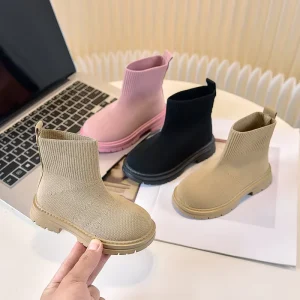 New Design Autumn Winter Children Knitted Flying Woven Shoes Soft Sole Fashion Casual Boots for Girls