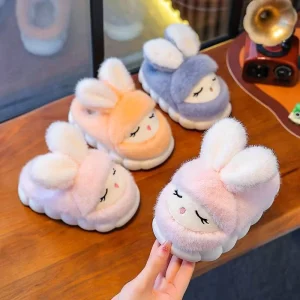 New Design High Quality Warm Soft Thick Sole Anti Slip Fluffy Plush Rabbit Animal Cartoon Kids Slippers for Indoor Outdoor