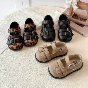 New Design Spring Autumn Kids PU Leather Flats Strap Buckle Daily Casual Fashion Dress Shoes for Baby