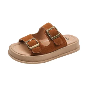 New Design Summer Children Leather Shoes Solid Color Fashion Kids Flat Slippers