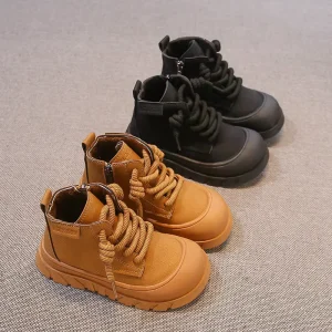 New Fashion Anti-Slip Sole Winter Kid Shoes High Quality Soft PU Warm Plush Ankle Height Boots Boys Girls Flat Light