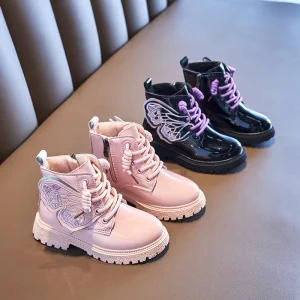 New Fashion Children Boot Girl Spring Autumn Patent Leather Toddler Solid Color Shoes Kid Warm Non Slip Butterfly Outdoor Boots