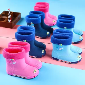 New Fashion Cute PVC Summer Rain Boots for Kids Waterproof with Warm Removable Cotton Cover Non slip Rain Shoes
