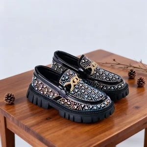 New Fashion Korean Version Neutral Loafers Rhinestone Small Leather Shoes for Kids Autumn Colored Diamond