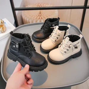 New Fashion Trend Leather Girls Boots Children Ankle Boots Autumn and Winter Warm Waterproof Kids Shoes