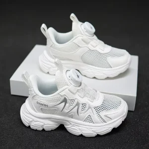 New Fashion White Children’s Students Shoes Double Net Kids Rotating Button Casual Sports Shoes
