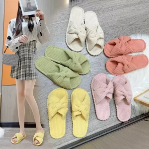 New Girls’ Flat Bottom Indoor For Slippers Soft Cotton Linen Fur Heart Butterfly Comfortable Cute For All Seasons TPR For Winter
