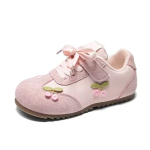 New Girls Pink Sneakers Cherry Embroidery Bow Decor Hook Loop Strap Suede Upper Non Slip Casual Shoes Custom