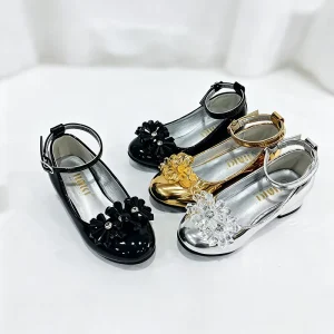 New Girls Princess Shoes High Heels Crystal Flower PU Leather Kids Dance Shoes for Wedding Party Church Africa Market