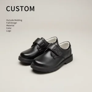 New Kids Black Leather Mesh Sneakers Custom Logo Color Hook & Loop Strap Non Slip Wavy Lug Sole Boys Girls School Shoes