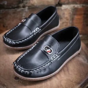 New Kids Black Leather Slip On Loafers Metal Buckle Decor Non Slip Sole Hard Wearing Boys’ School Party Shoes Custom