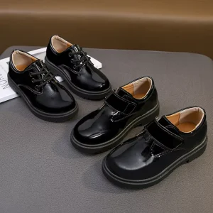 New Kids Black Patent Leather School Shoes Bulk OEM Custom Boys Lace Up Hook and Loop Formal Oxford Shoes