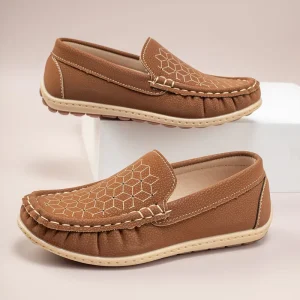 New Kids Brown Moccasin Loafers Geometric Embroidery Non Slip Flexible Sole Casual Driving Dress Shoes Custom