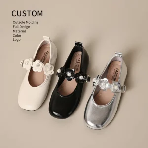 New Kids Mary Jane Shoes Pearl Flower Decor Square Toe Leather Girls Footwear Bulk Factory OEM Custom Logo