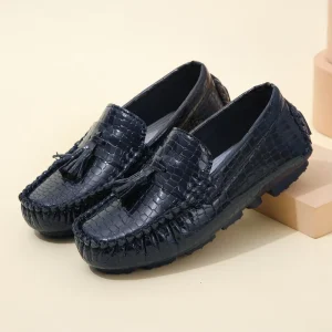 New Kids Navy Blue Slip On Loafers Crocodile Embossed Tassel Decor Non Slip Boys’ Casual School Party Shoes Custom