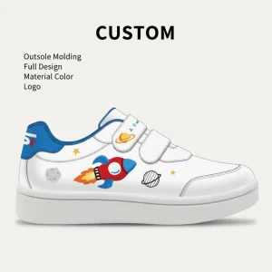 New Kids White Blue Sneakers Space Rocket Print Hook & Loop Strap Faux Leather Upper Non-Slip Casual Shoes Custom