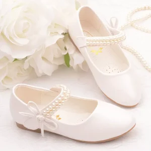 New Kids White Leather Children’s Flat Shoes Princess Flower School Uniform Photography Girl Dress Shoes With Pearl