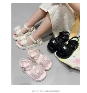 New Korean Style Children’s Summer Sandals Cute Trendy Ankle Flat Sandals Girls Fashion Lace Bow Shoes Kids