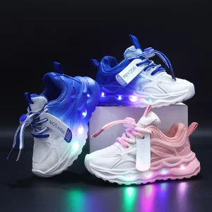 New LED Light Casual Sneakers, Breathable Mesh Sport Shoes for Children, with Luminous Letter Ribbon for 1-6 Years Old