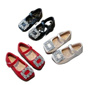 New Spring Dress Shoes for Girls Aged 2 12 Dress Shoes Crystal Buttons Flat Square Toe Children’s Dress Shoes