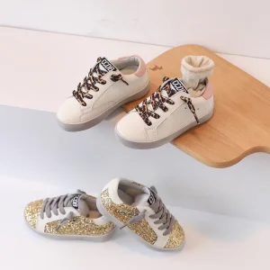New Spring Summer Little Girl Sparkly Glitter Children Casual Shoes Leopard Lace up Sequin Star Kids Sneakers