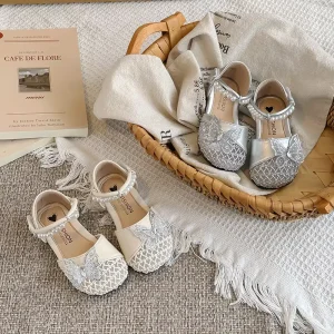 New Spring Summer Pearl Flower Bow Girls’ Solid Color Mesh Sandals Velcro Princess Sandals