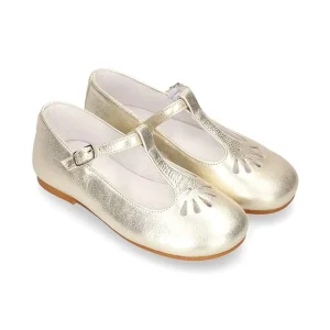 New Spring Summer Perforated Design T Strap Mary Jane Shoes Gold Leather Children Girls Shoes