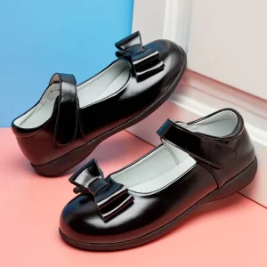 New Style Black Princess Casual Leather Kids Shoes for Girls Retro Floral Pattern Soft Sole Slip On Closure for Autumn Parties