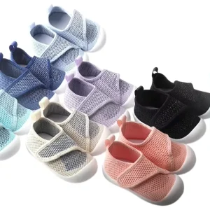 New Style Factory Rubber Flying Woven Soft Toddler Velcro Shoes Mesh Breathable Solid Crochet Baby Shoes
