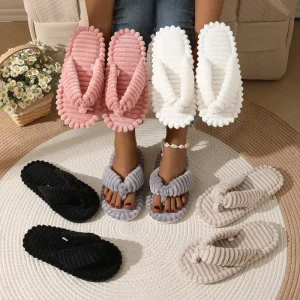 New Style Women Winter Flip Flop Slippers Ribbed Plush Thong Sandals Thick Sole Warm House Shoes