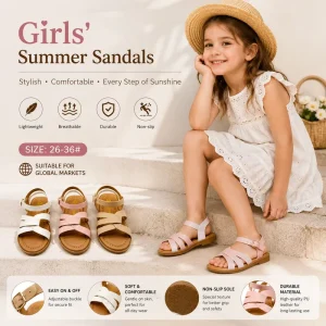New Summer Girls Sandals Comfortable Flat Kids Sandals Soft PU Cross Strap Children Beach Shoes Custom OEM ODM