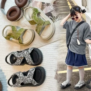 New Summer Middle Big Children Retro Children’s Sandals Girls Casual Sports Open Toe Beach Princess Floral Plastic Outsole