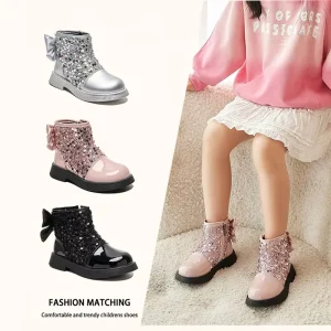 New Trend Girls Retro Pu Leather Chelsea Boots Autumn and Winter Girls Shiny Fashion Zip Flat Ankle Boots Kids
